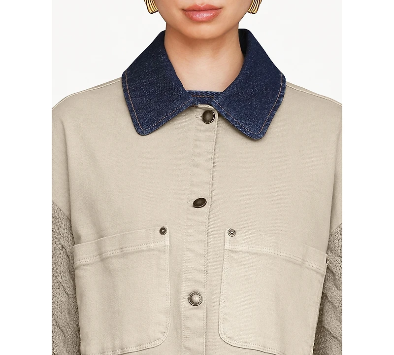 Avec Les Filles Women's Sweater-Sleeve Rinse Wash Denim Chore Jacket