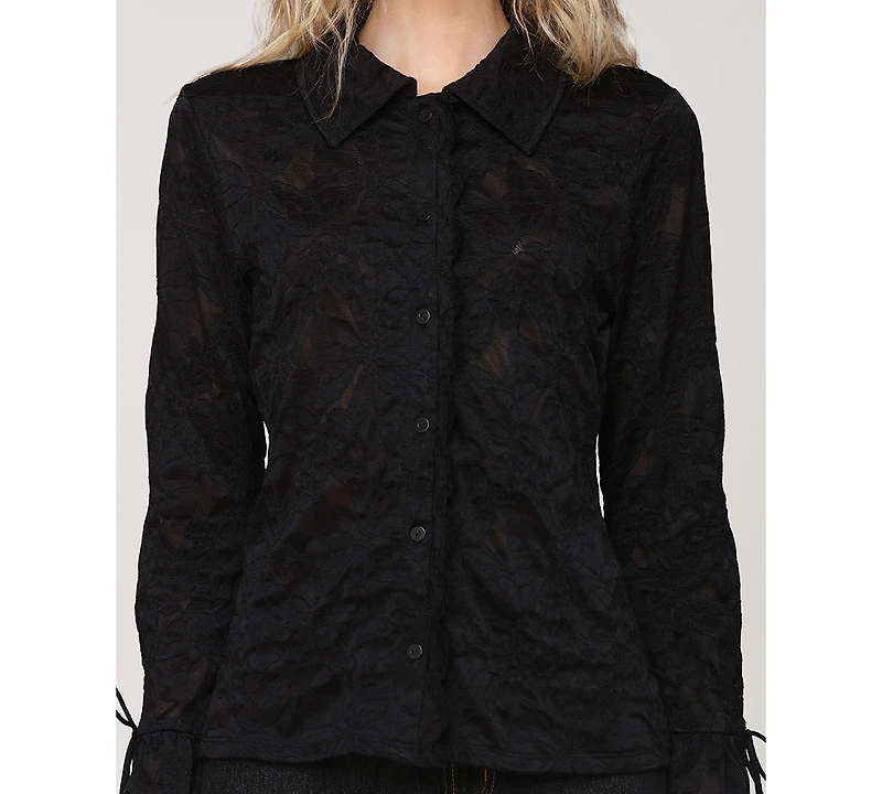 Avec Les Filles Women's Button-Front Flared-Sleeve Lace Shirt