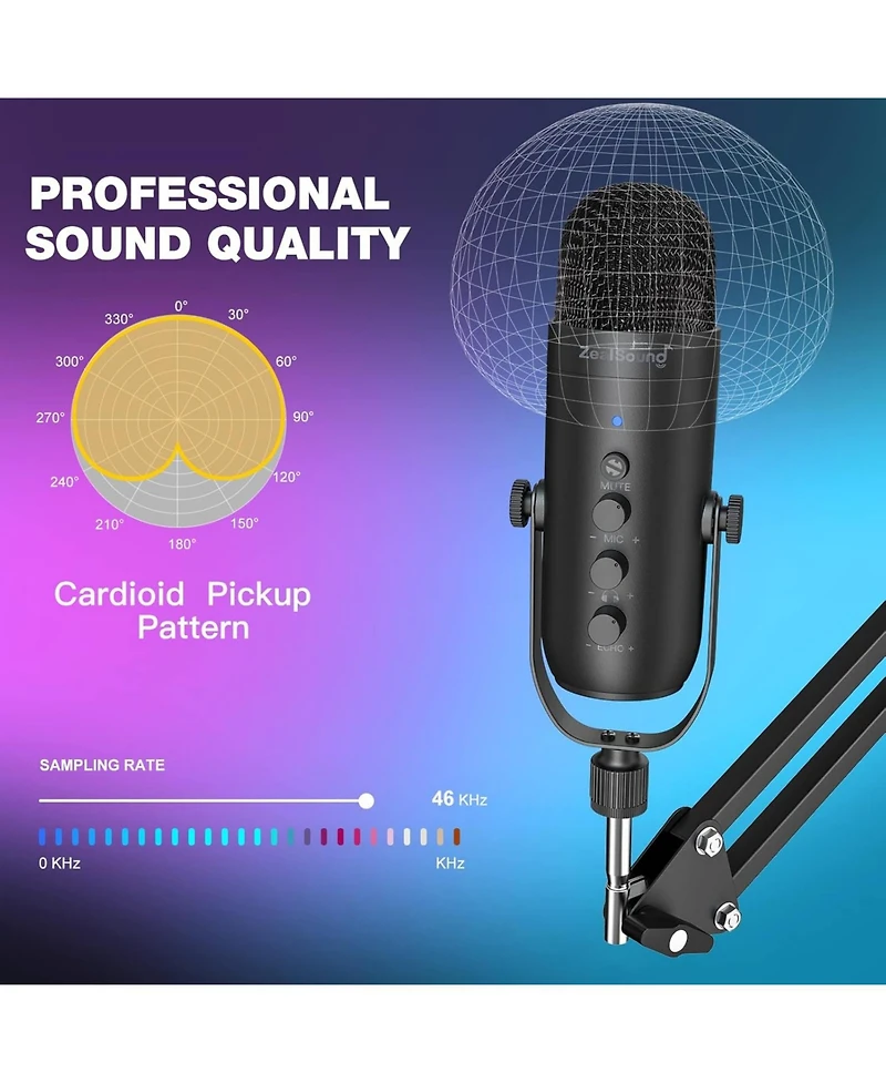 ZealSound Gaming Microphone Kit, Usb Mic w/ Boom Arm, Supercardioid Mic, Mute Button, Echo & Volume Gain Knob, Monitor for Phone Computer (Black)