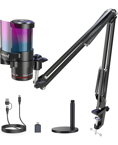 ZealSound Usb Microphone for iPhone,Noise Cancellation Gaming mic with Touch Mute,Gain,Monitoring,Usb Mic Boom Arm for Streaming,Podcast,Twitch