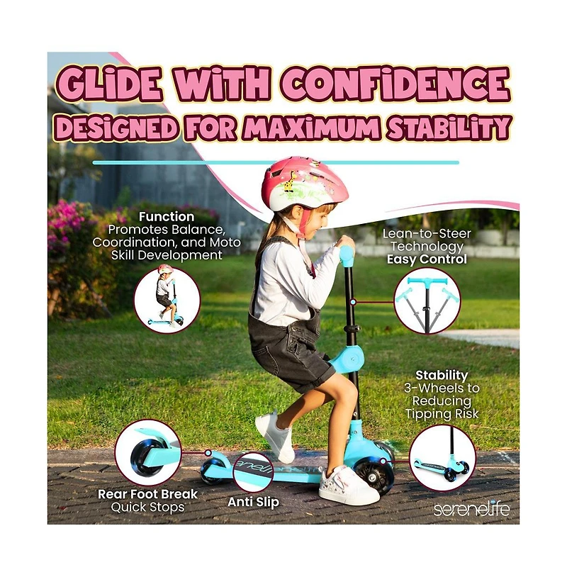 3-Wheel Foldable Kids Scooter with Led Wheel Lights, Foldable Seat & Lean-to-Steer Technology – Child Toy Scooter (Turquoise Blue)