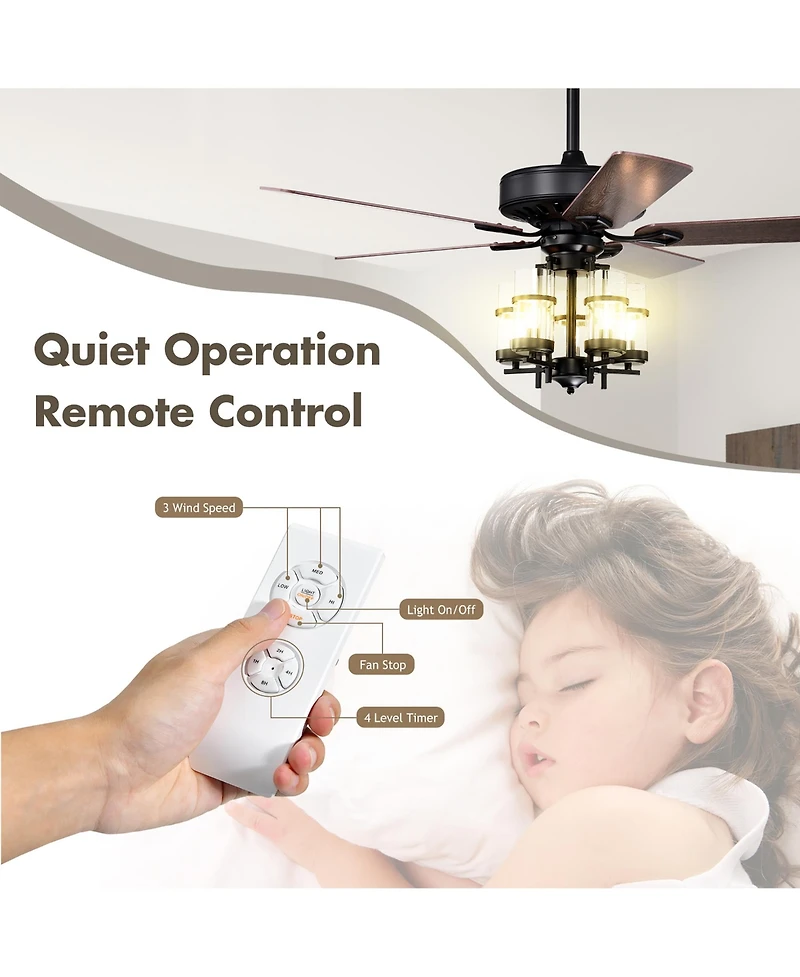 Costway 50'' Ceiling Fan with Light Classic Ceiling Fan Lamp w/Noiseless Reversible Motor
