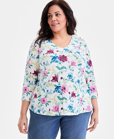 Style & Co Plus Size Printed V-Neck 3/4-Sleeve Top, Macy's Exclusive