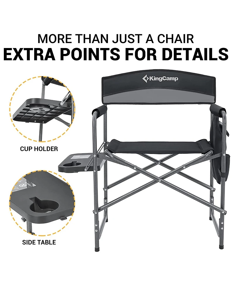 KingCamp Padded Outdoor Folding Chair with Table & Pockets, Black/Grey (2 Pack)