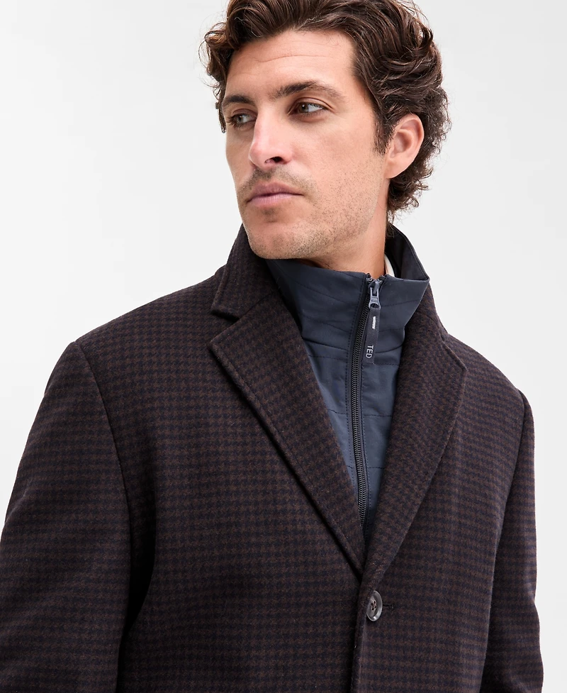Ted by Baker Men's Classic-Fit Brown Navy Houndstooth Check Overcoat