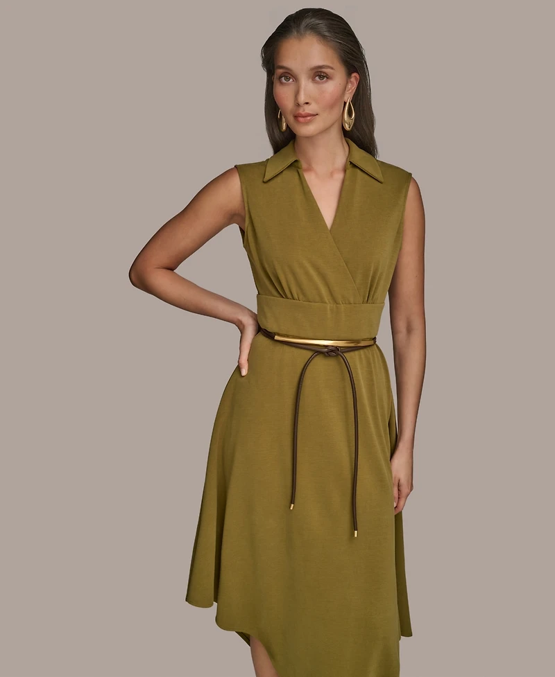 Donna Karan New York Women's Surplice Belted High-Low A-Line Dress