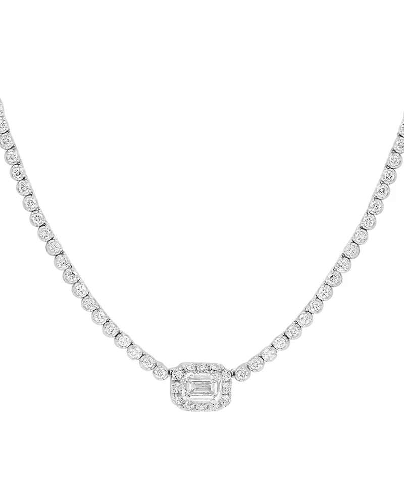 Effy Lab Grown Diamond Emerald- & Round-Cut Halo18" Collar Necklace (2-7/8 ct. t.w.) in 14k White Gold