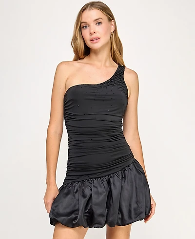 Seni & Cade Juniors' One-Shoulder Drop Waist Satin Bubble Skirt