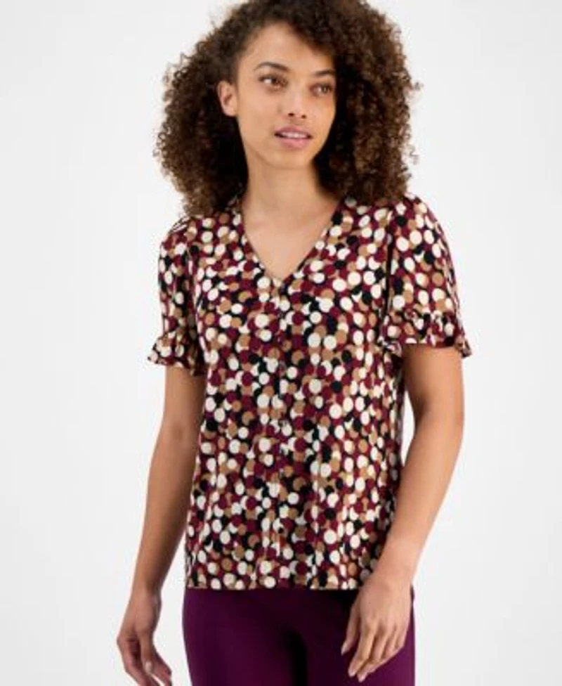Ak Anne Klein Womens Printed Ruffle Sleeve Button Front Top P Xxs Xl