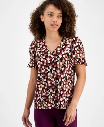 Ak Anne Klein Womens Printed Ruffle Sleeve Button Front Top P Xxs Xl