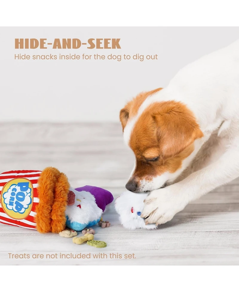 Nocciola 4-in-1 Popcorn Bucket Plush Dog Toy Set,Christmas gift,Interactive Squeaky Stuffed Dog Toys,Hide and Seek Dog Toys for Small & Medium Dogs