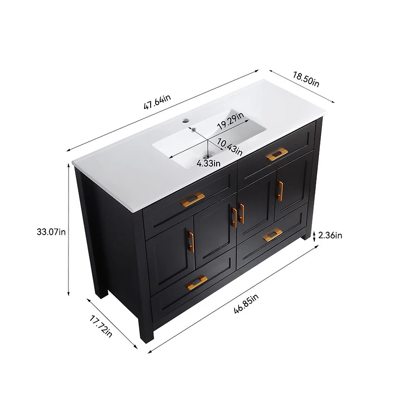 Casainc 48" Black Vanity Set with Ceramic Sink, 4 Soft-Close Doors & 4 Drawers, Stylish Bath Organizer