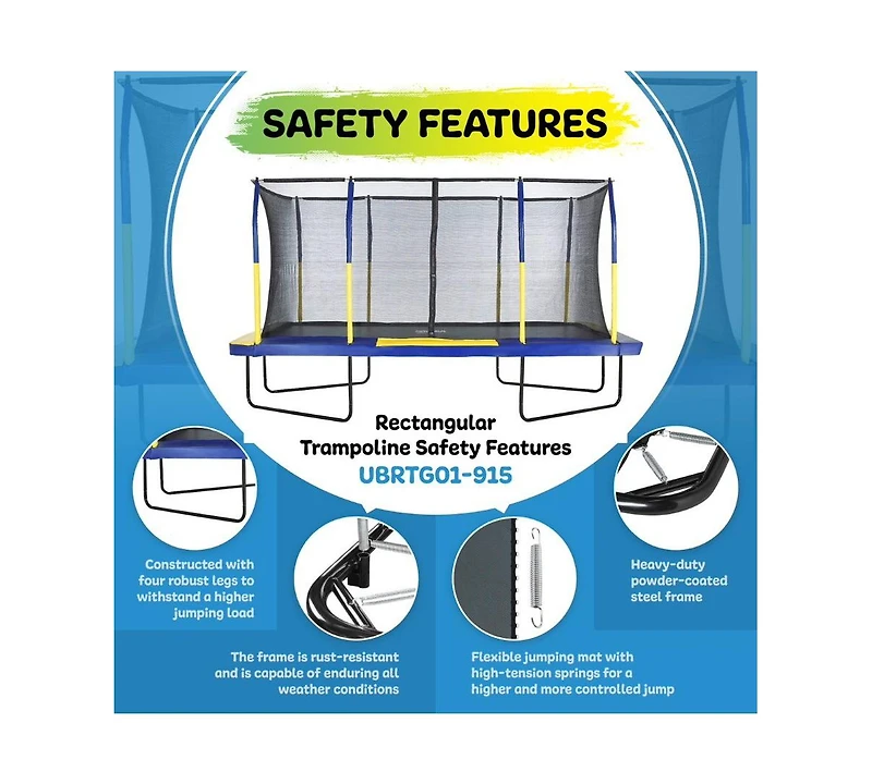 Plexalife 9' X 15' Gymnastics Style, Rectangular Trampoline Set with Premium Top-Ring Enclosure System