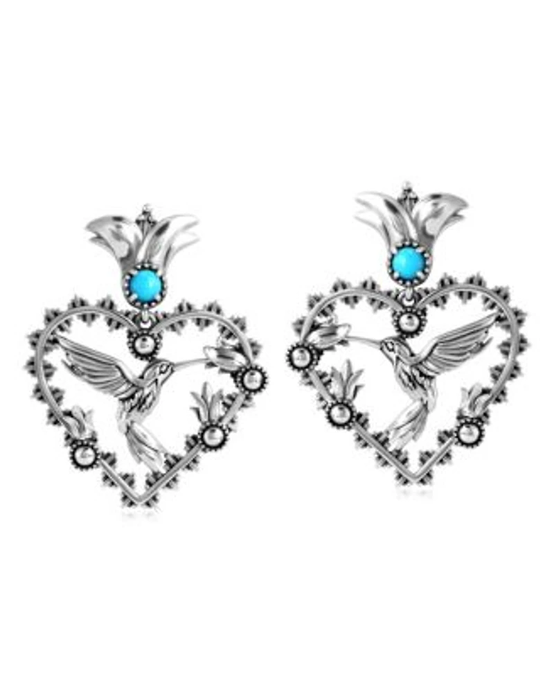 American West Jewelry Sterling Silver Sleeping Beauty Turquoise Fritz Casuse Heart Hummingbird Earrings