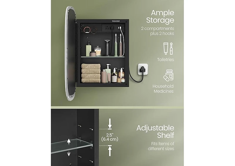 Songmics Home Wall-Mounted Bathroom Cabinet with Lighted Mirror and Charge Station, Black