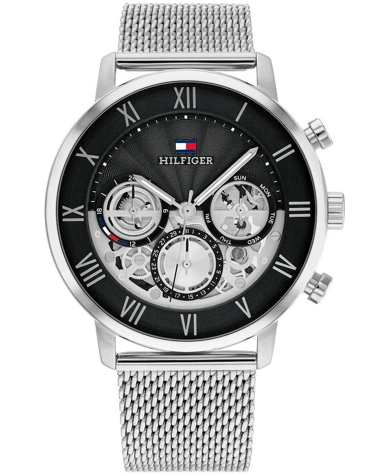 Tommy Hilfiger Men's Multifunction Silver Tone Stainless Steel Mesh Bracelet Watch, 44mm