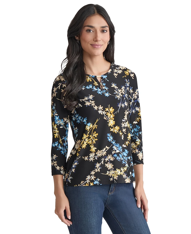 Jones New York Women's Printed Embellished-Keyhole 3/4-Sleeve Top