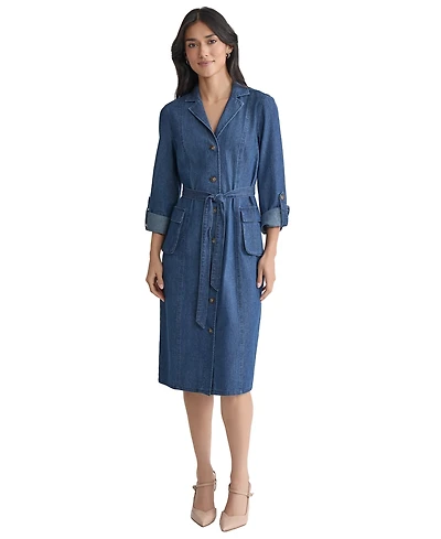 Jones New York Women's Belted Button-Down Cotton Collared Denim Dress