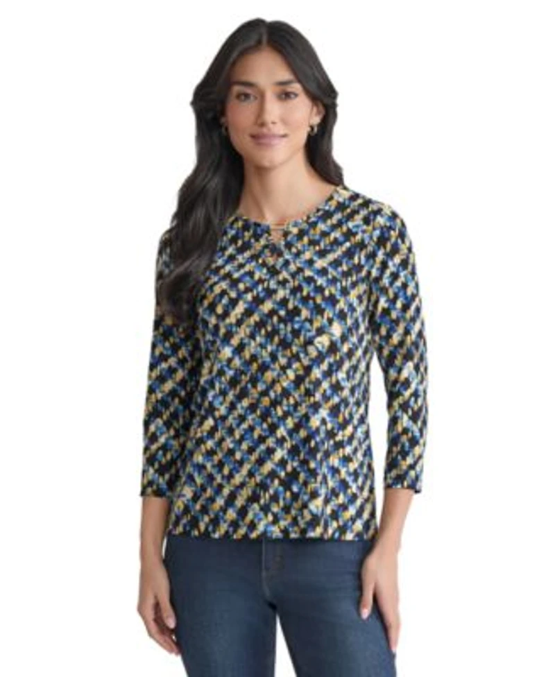 Jones New York Womens Printed Embellished Keyhole 3 4 Sleeve Top