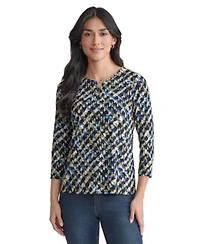 Jones New York Womens Printed Embellished Keyhole 3 4 Sleeve Top
