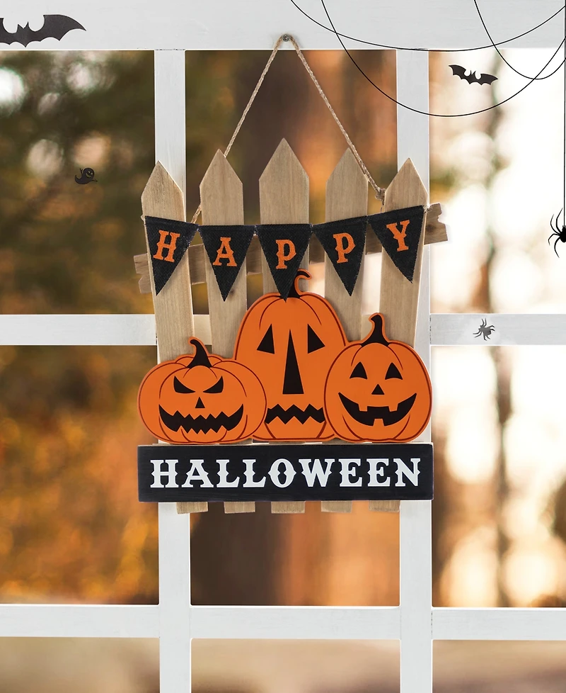 Glitzhome 14" Halloween Wood Jack-o'-Lantern Door Hanger