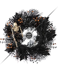Glitzhome 7" Halloween Black Rose, Skeleton and Berry Wreath Hanger
