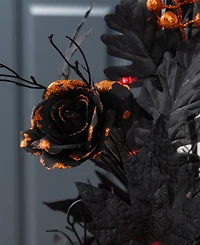 Glitzhome 36" Halloween Lighted Black Rose with Orange Glitter Urn Porch Tree with Timer