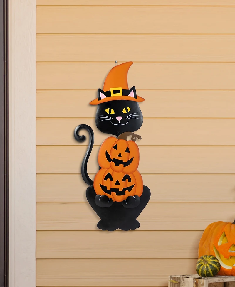 Glitzhome 36" Halloween Metal Black Cat with Spring Head and Stacked Pumpkin Yard Stake