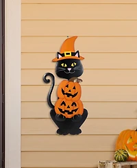 Glitzhome 36" Halloween Metal Black Cat with Spring Head and Stacked Pumpkin Yard Stake