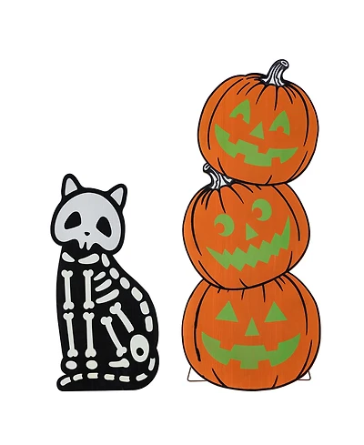 Glitzhome Halloween Wooden Skeleton Cat and Stacked Pumpkin Porch Decor, Set of 2