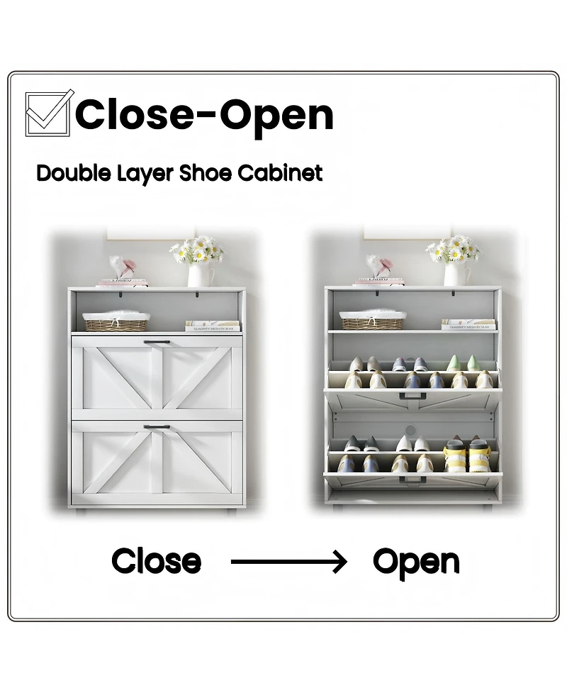Farmhouse Shoe Storage Cabinet with Barn Door Design, Shoe Organizer with 2 Flip Drawers