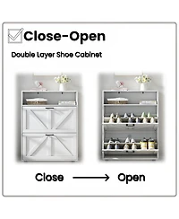 Farmhouse Shoe Storage Cabinet with Barn Door Design, Shoe Organizer with 2 Flip Drawers