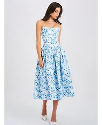 Miss Circle Women's Paloma Blue Print Linen Corset Draping Top Midi Dress