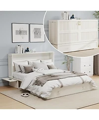 livelylodge Queen Murphy Bed Cabinet with Storage Drawer and Shelves, White Queen Hideaway Murphy Bed Suit for Guest Room and Bedroom Living Room