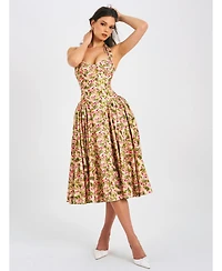 Miss Circle Women Niya Floral Print Linen Halter Corset Maxi Dress