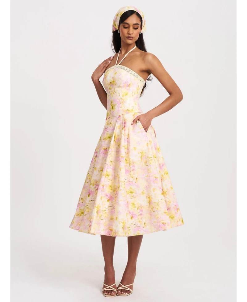 Miss Circle Women's Zaina Yellow Pink Floral Print Lace Trim Linen Midi Dress