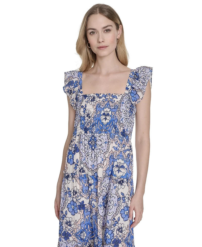 Vince Camuto Women's Printed Square-Neck Ruffle-Strap Dress