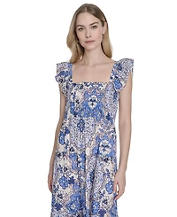 Vince Camuto Women's Printed Square-Neck Ruffle-Strap Dress