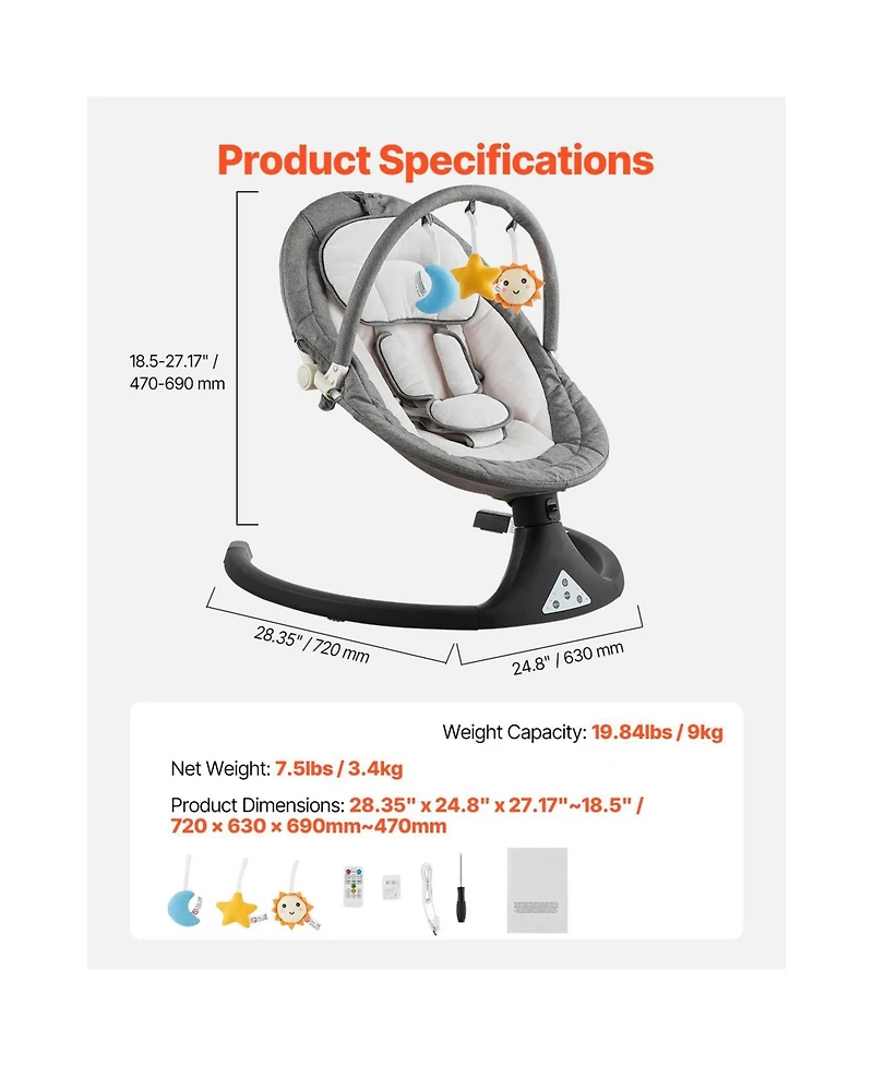 Slickblue Kids Swing 5 Speeds 3 Seat Positions Remote Control Toy Bar 3 Toys