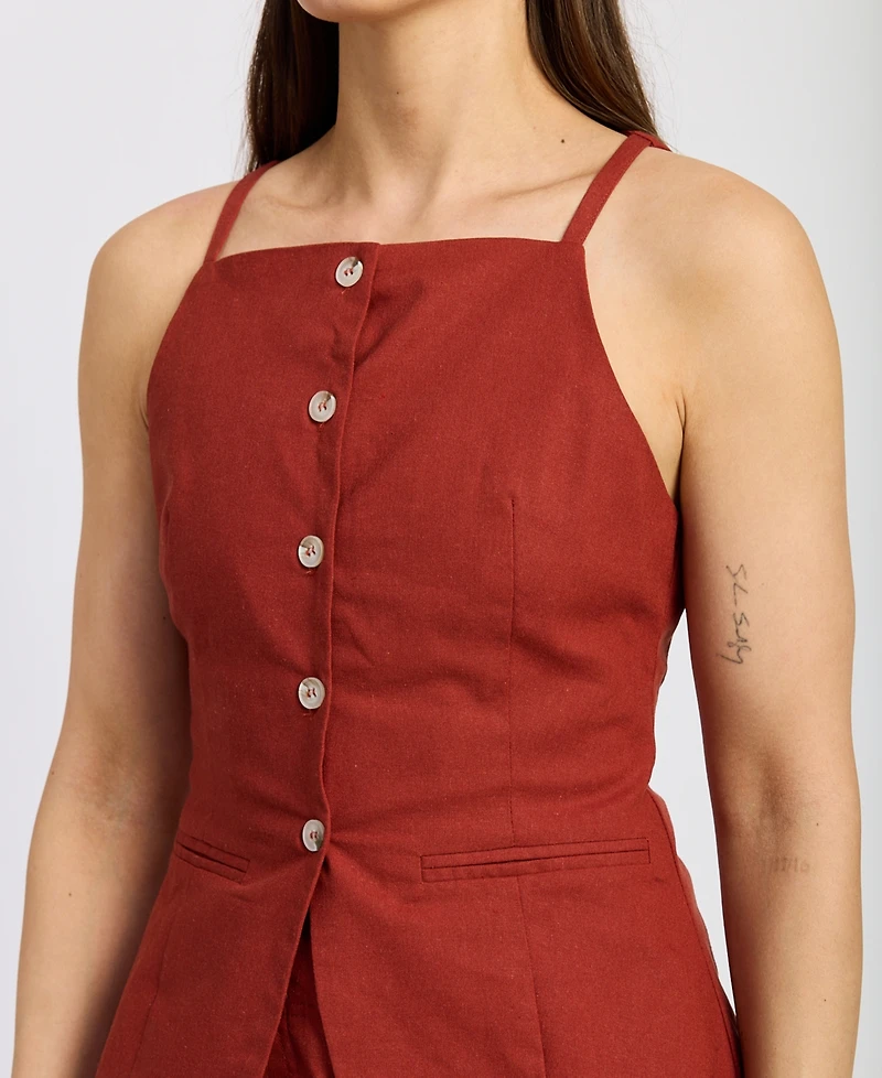 En Saison Women's Megumi Cotton Linen Sleeveless Button-Front Top