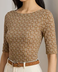 Lauren Ralph Petite Geo-Print Stretch Cotton Boatneck Tee