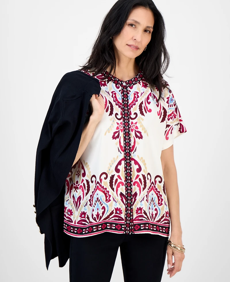 Jm Collection Petite Damask Placed-Print Blouse, Macy's Exclusive