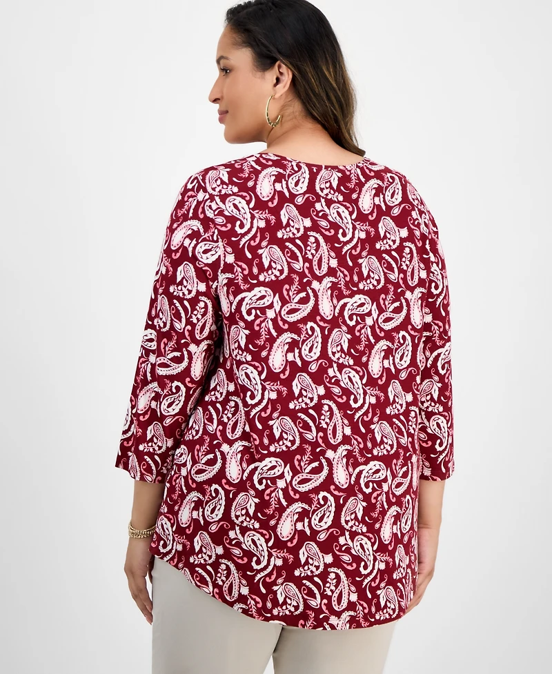 Jm Collection Plus Printed Scoop-Neck 3/4-Sleeve Top