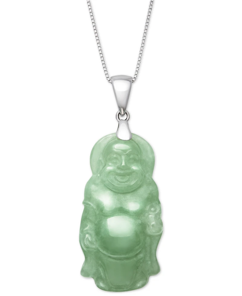 Dyed Green Jade Carved Buddha 18" Pendant Necklace in Sterling Silver
