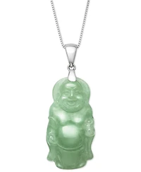 Dyed Green Jade Carved Buddha 18" Pendant Necklace in Sterling Silver