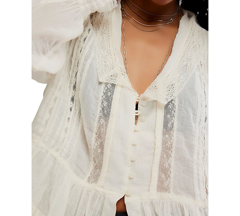 Free People Women's Elodie Lace-Trim Button-Front Blouse