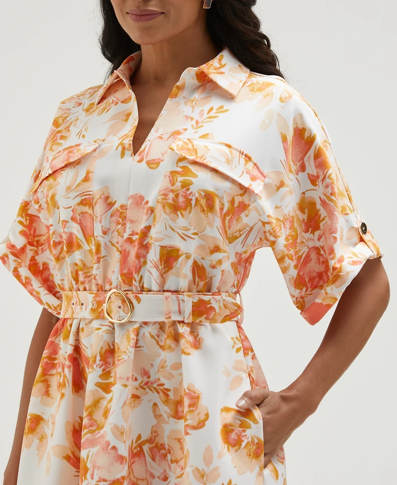 Ella Rafaella Petite Floral Print Utility Short Sleeve Shirt Dress