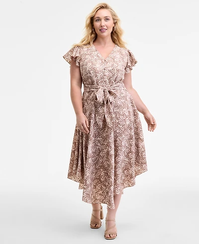 Vince Camuto Plus Printed Belted Midi Dress