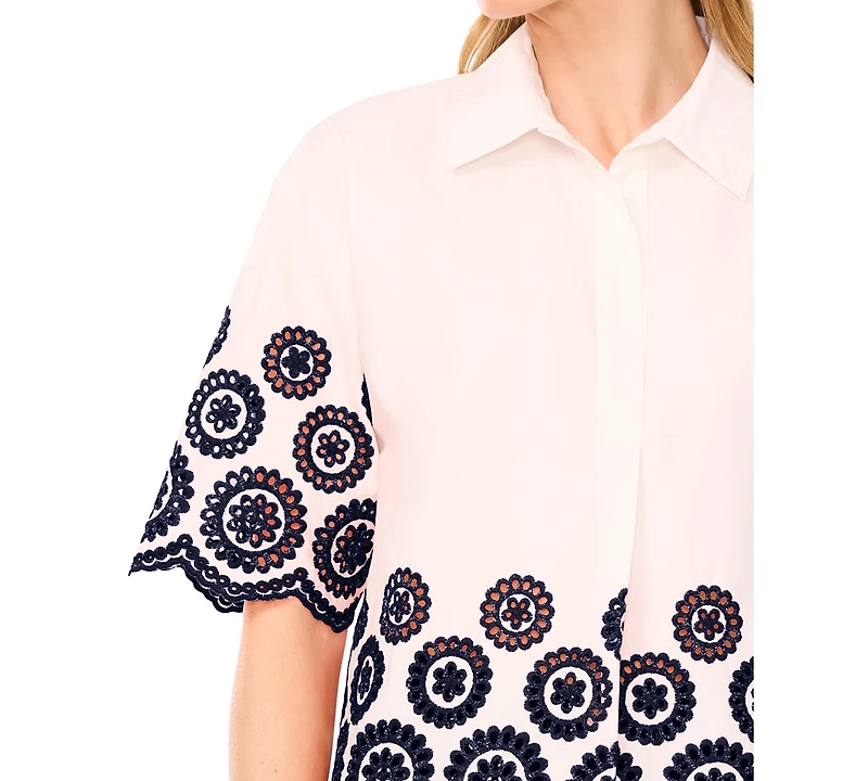 CeCe Women's Contrast Embroidered Cotton Collared Shirt