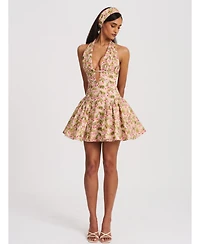 Miss Circle Women's Mackenzie Green and Pink Floral Print Halter Linen Mini Dress